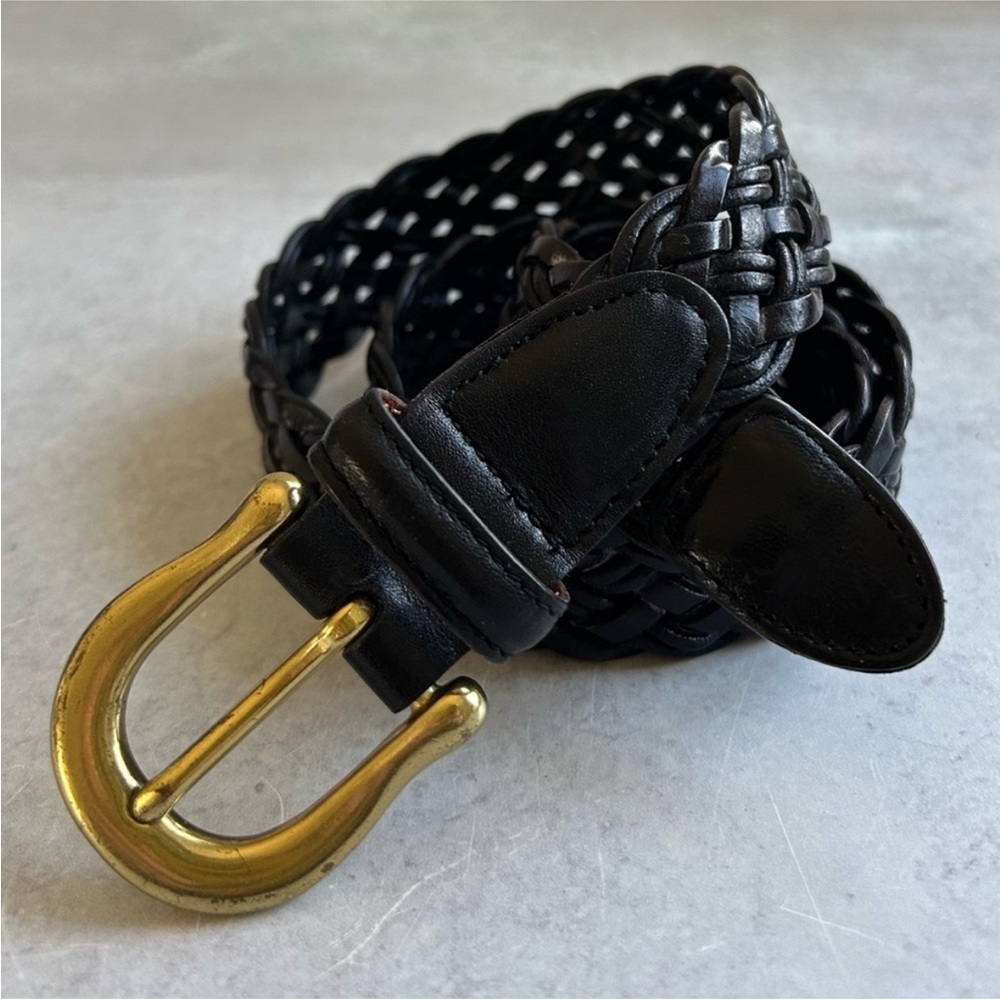 Vintage COACH 3914 Black Leather Braided Brass Buckle Belt, Womens M
